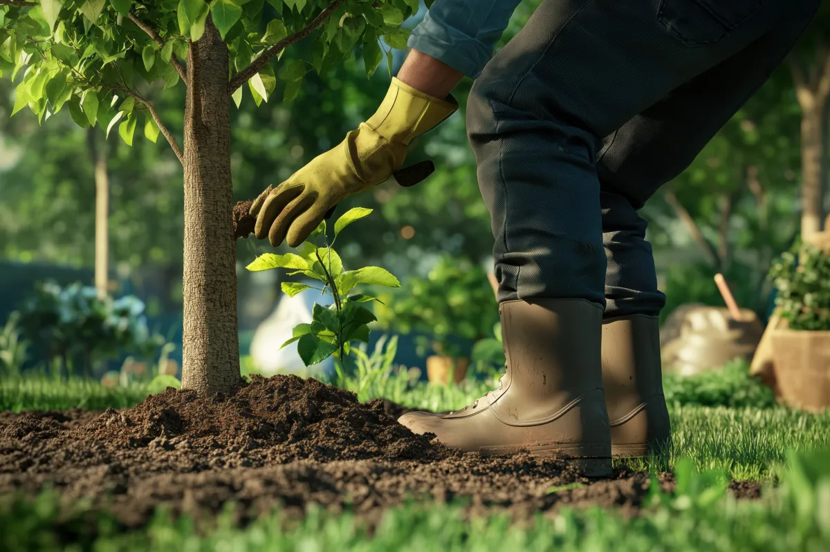 Paysagiste en train de planter un arbre dans un jardin, soulignant le soin apporté à l'aménagement des espaces verts.